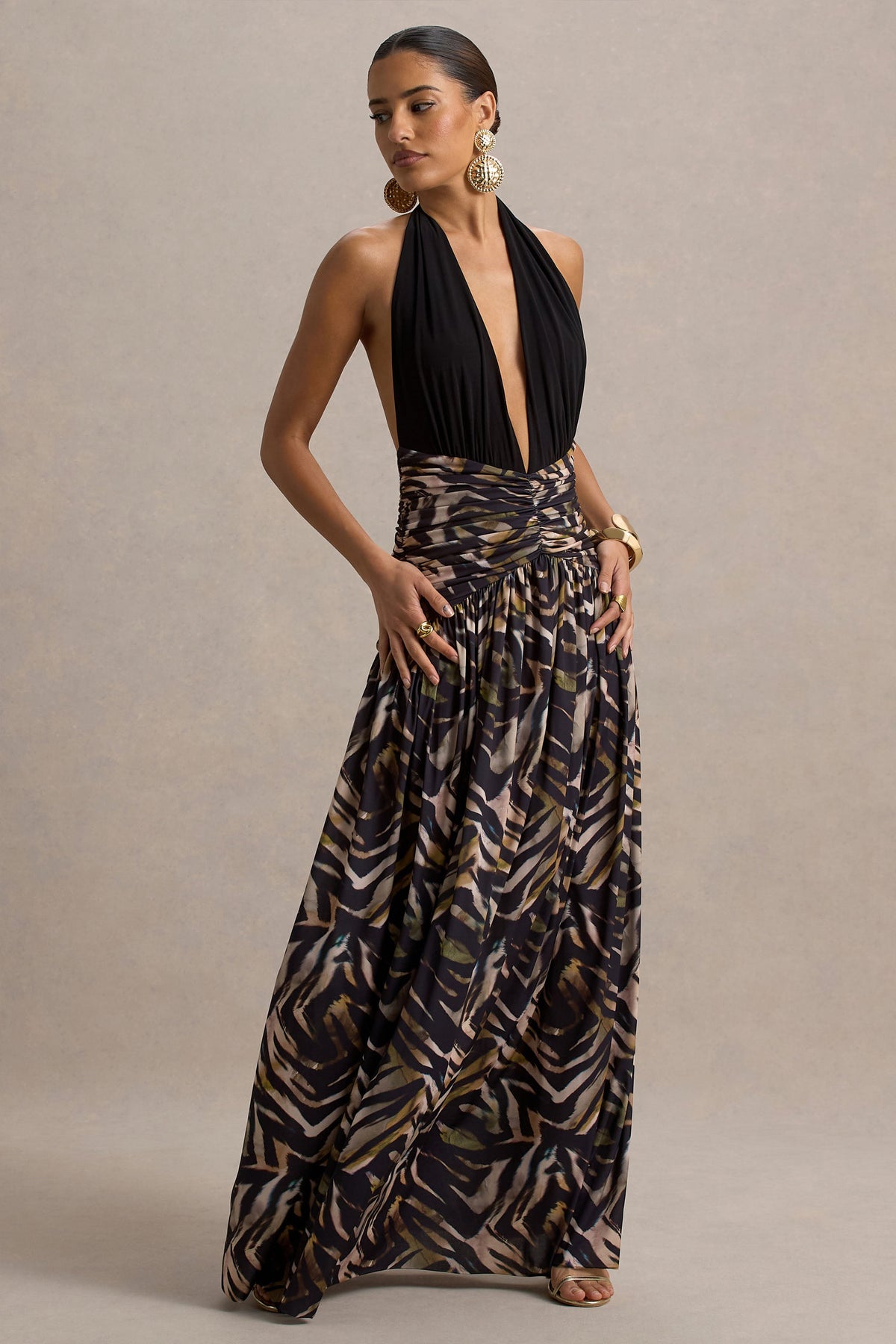 Ferreira | Maxikleid mit Zebramuster und tiefem Ausschnitt