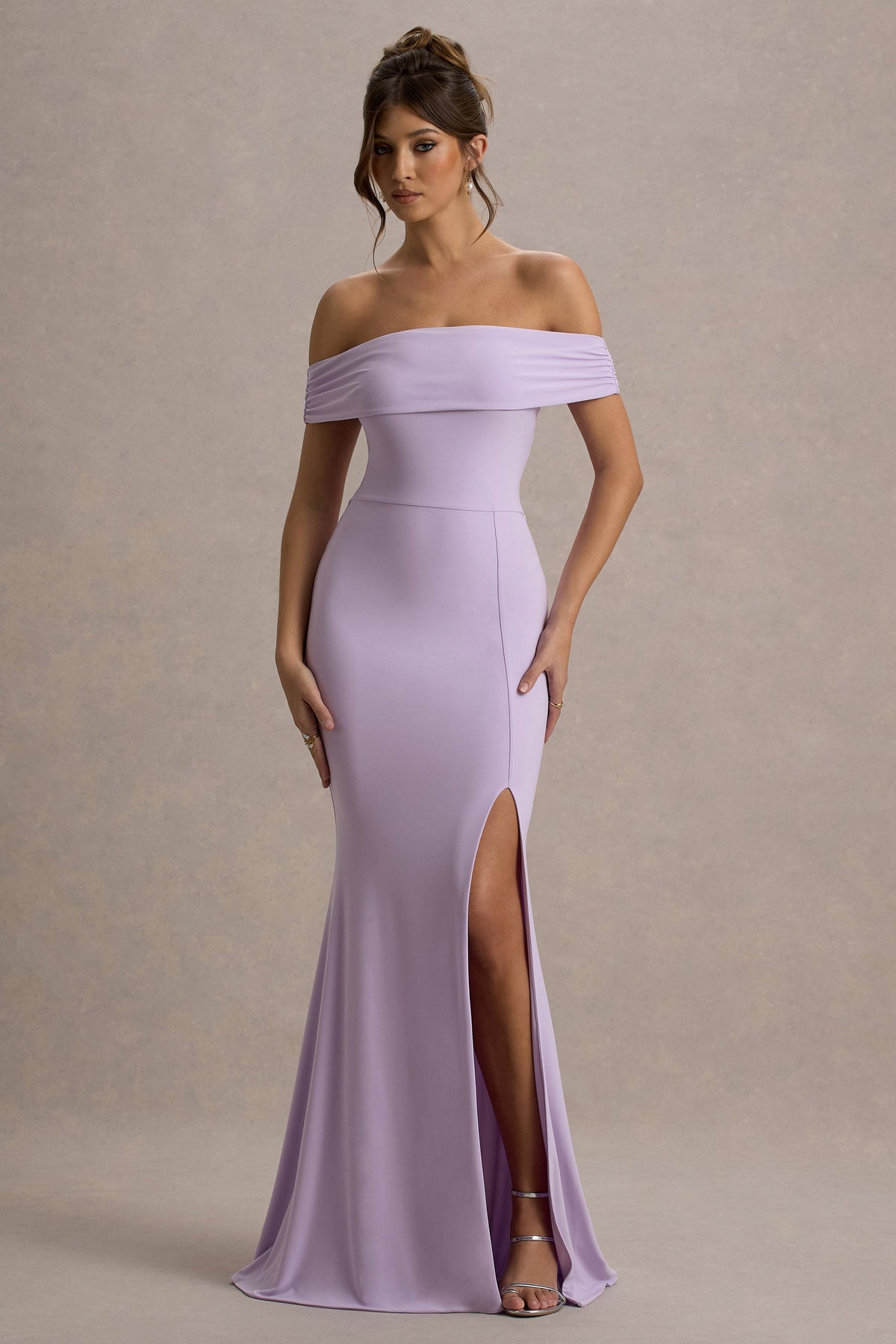 Law of Attraction | Fliederfarbenes Bardot-Maxikleid mit Drapierung und Schlitz