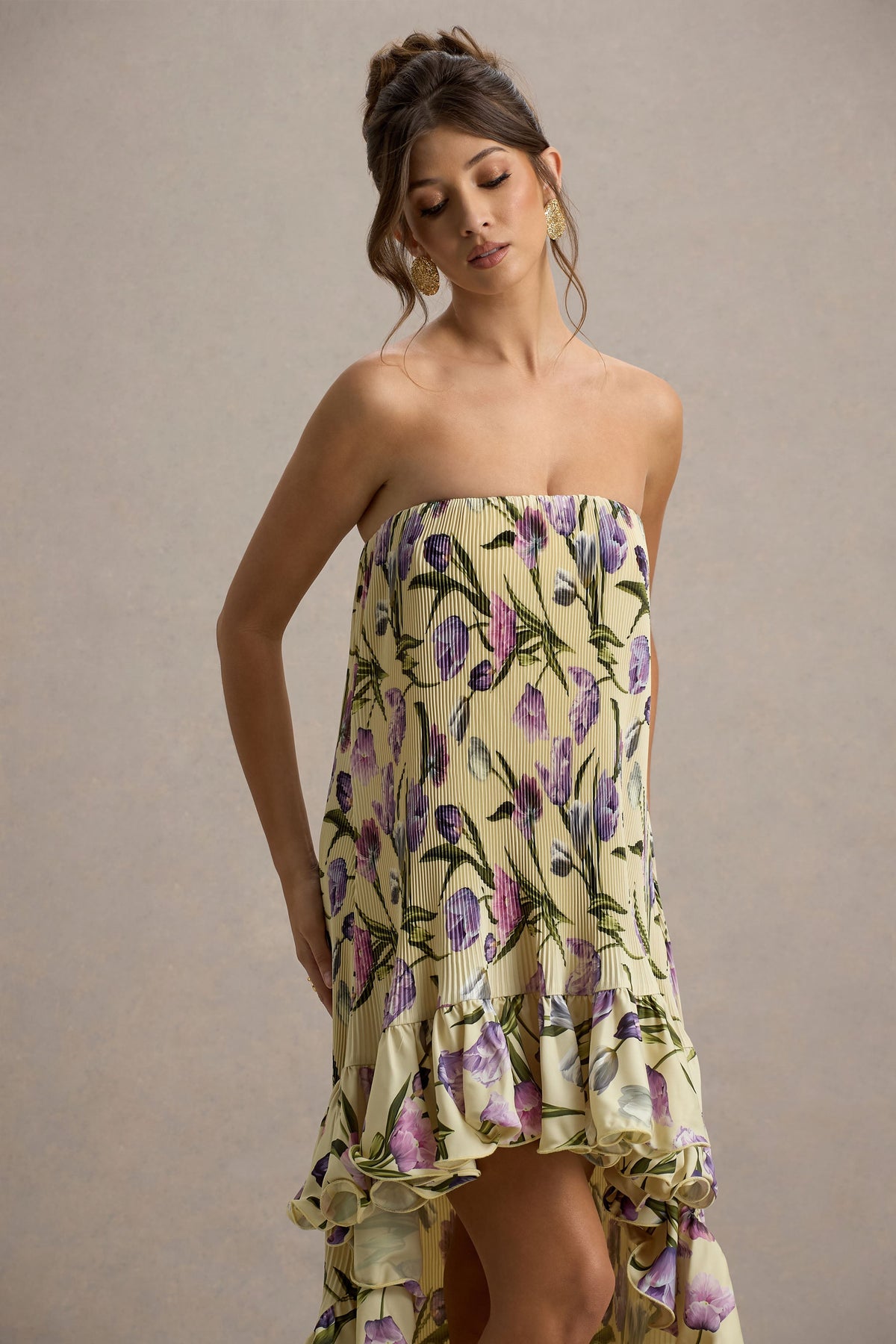Whistler | Maxikleid aus Chiffon mit Tulpenblumenprint, Bandeau-Ausschnitt, Rüschen und High-Low-Saum
