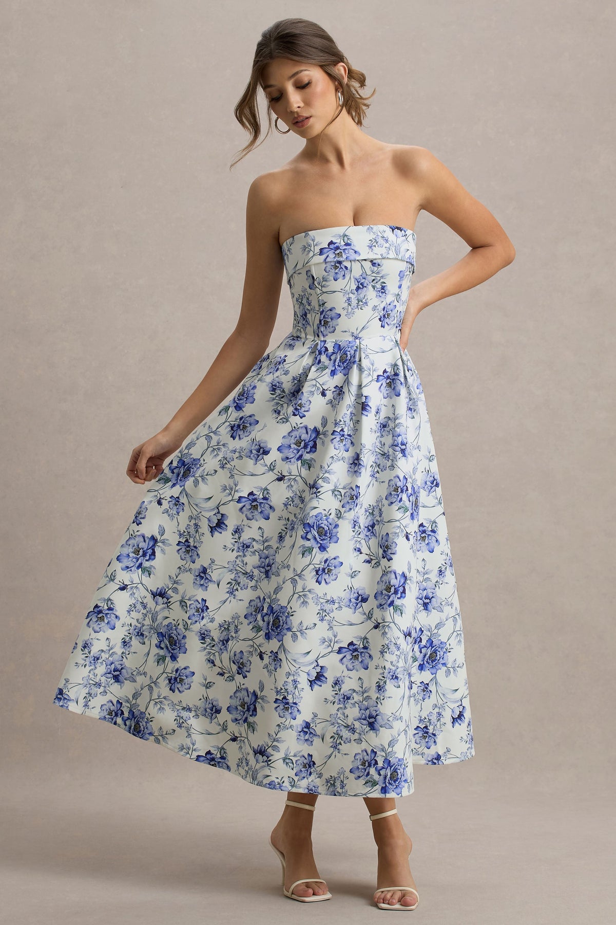 Annalise | Blaues Bandeau-Skater-Midikleid mit Blumenmuster