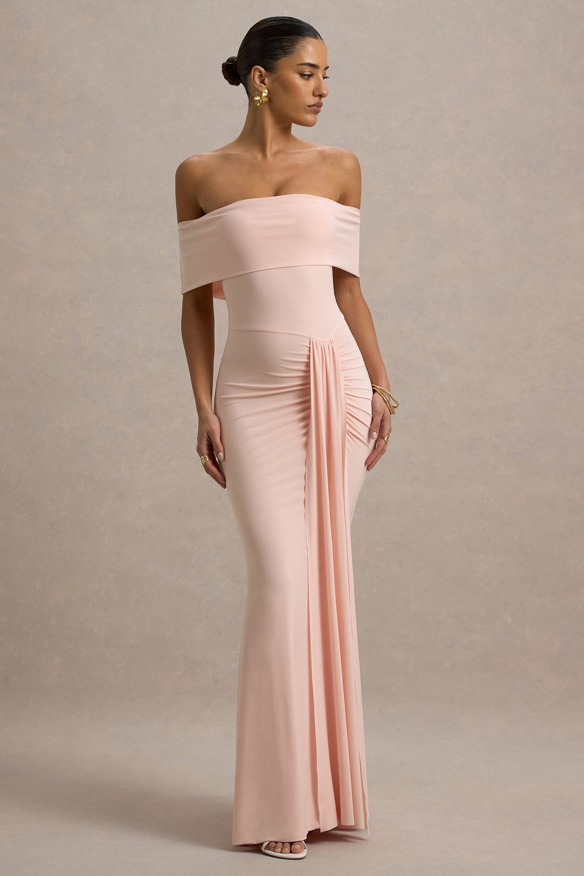 Delma | Rosa Bardot-Maxikleid mit Drapierungsdetails