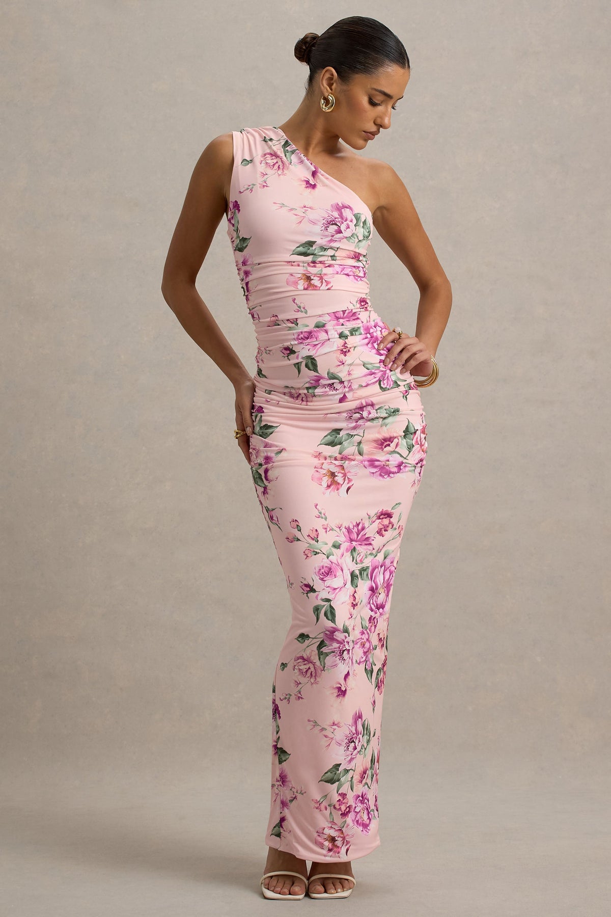 Dalarie | Rosafarbenes Maxikleid mit Blumenmuster und drapiertem One-Shoulder-Design
