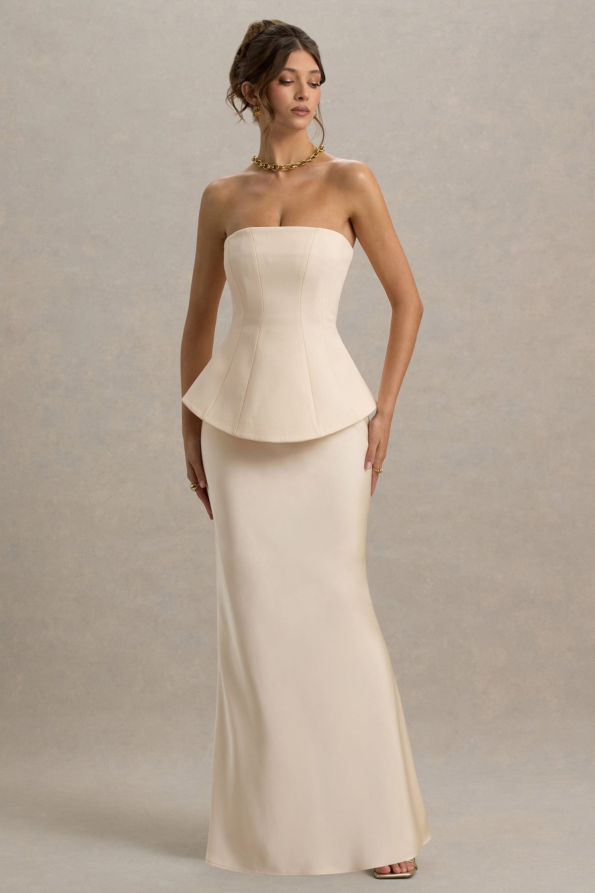Ohio | Champagnerfarbenes trägerloses Korsett-Maxikleid