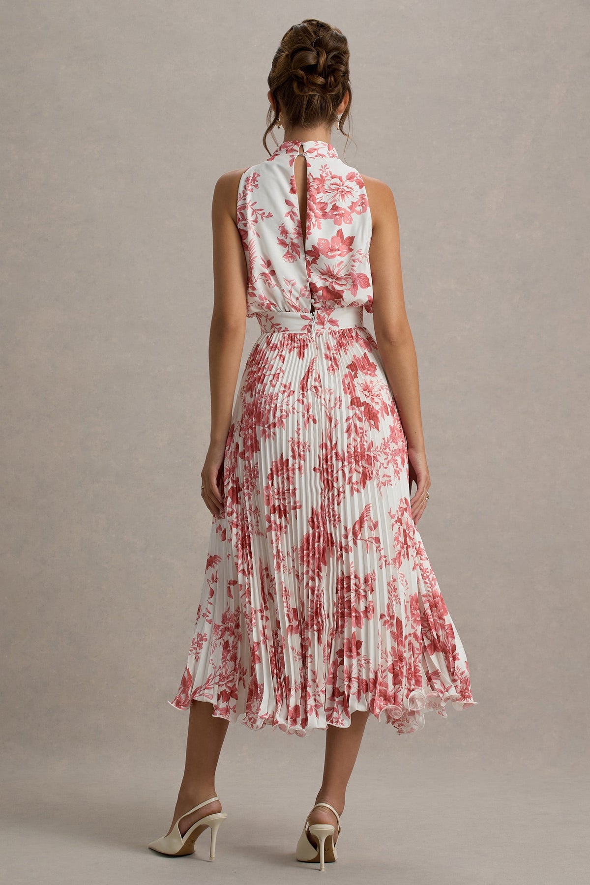 Nila | Rosa Porzellan-Druck Cowl-Neck Midikleid mit Plisseerock.
