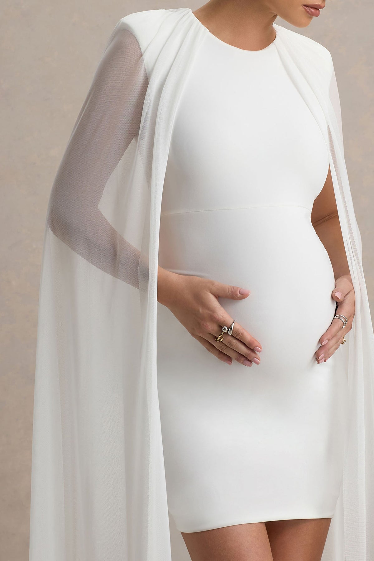 Charlene | Weißes High-Neck-Umstands-Minikleid mit Mesh-Cape