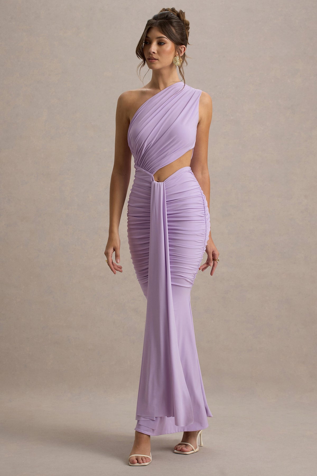 Beline | Lavendelfarbenes Ein-Schulter-Maxikleid mit Cut-Out und Drapierung