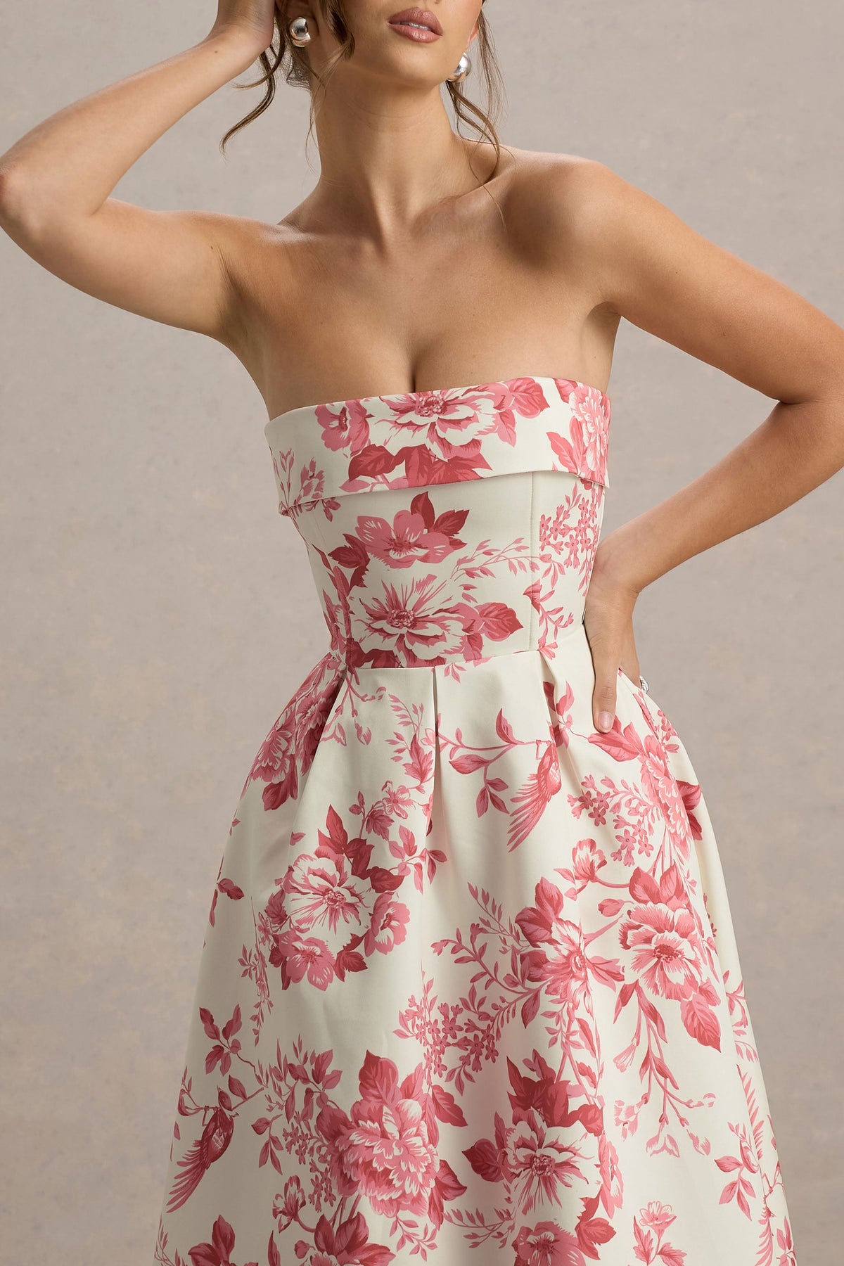 Annalise | Rosa Bandeau-Skater-Midikleid mit Porzellanprint