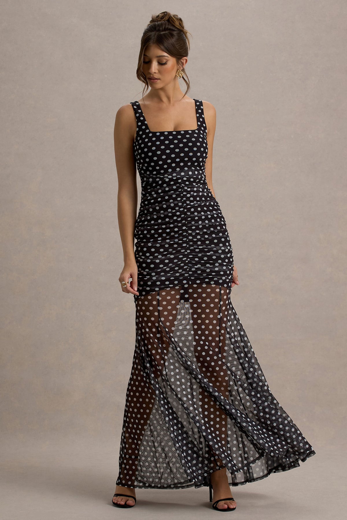 Galaxia | Schwarz-weißes Maxikleid mit Polka-Dots und Netzrock