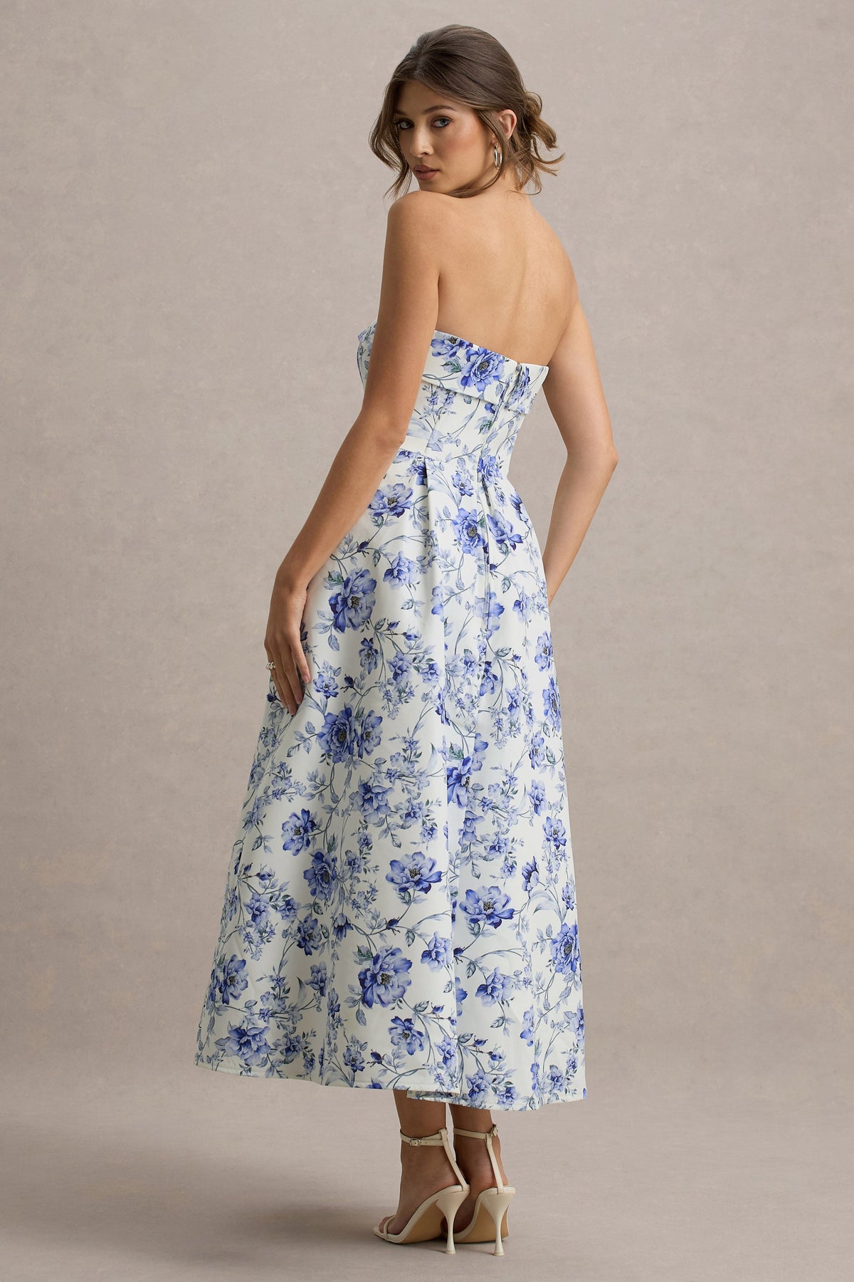 Annalise | Blaues Bandeau-Skater-Midikleid mit Blumenmuster
