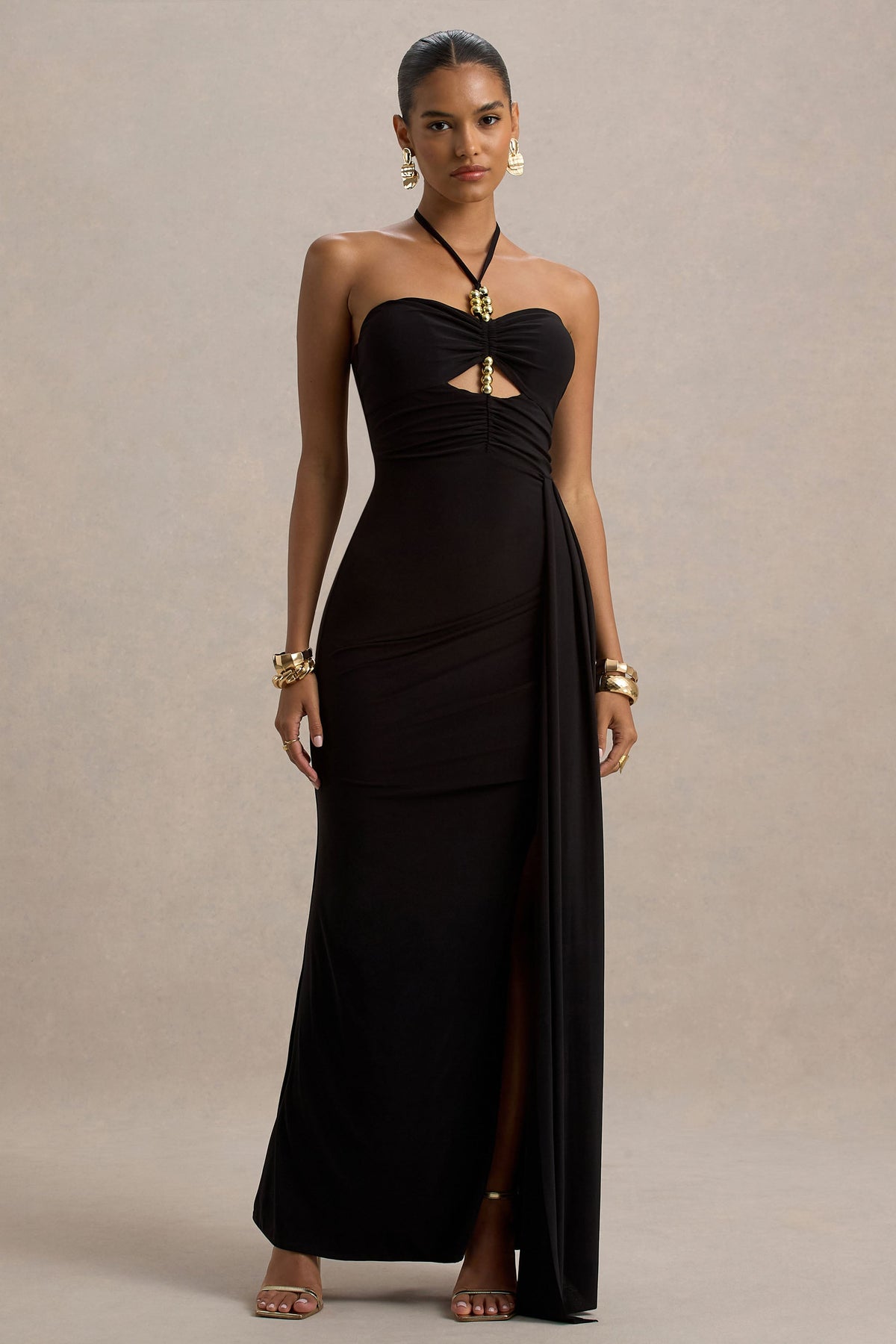 Mohito | Schwarzes Maxikleid mit Halterneck, Cut-Outs und Schlitz