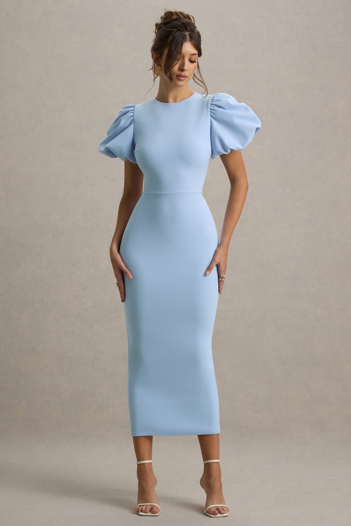Dakota | Puderblaues Midikleid mit Puffärmeln