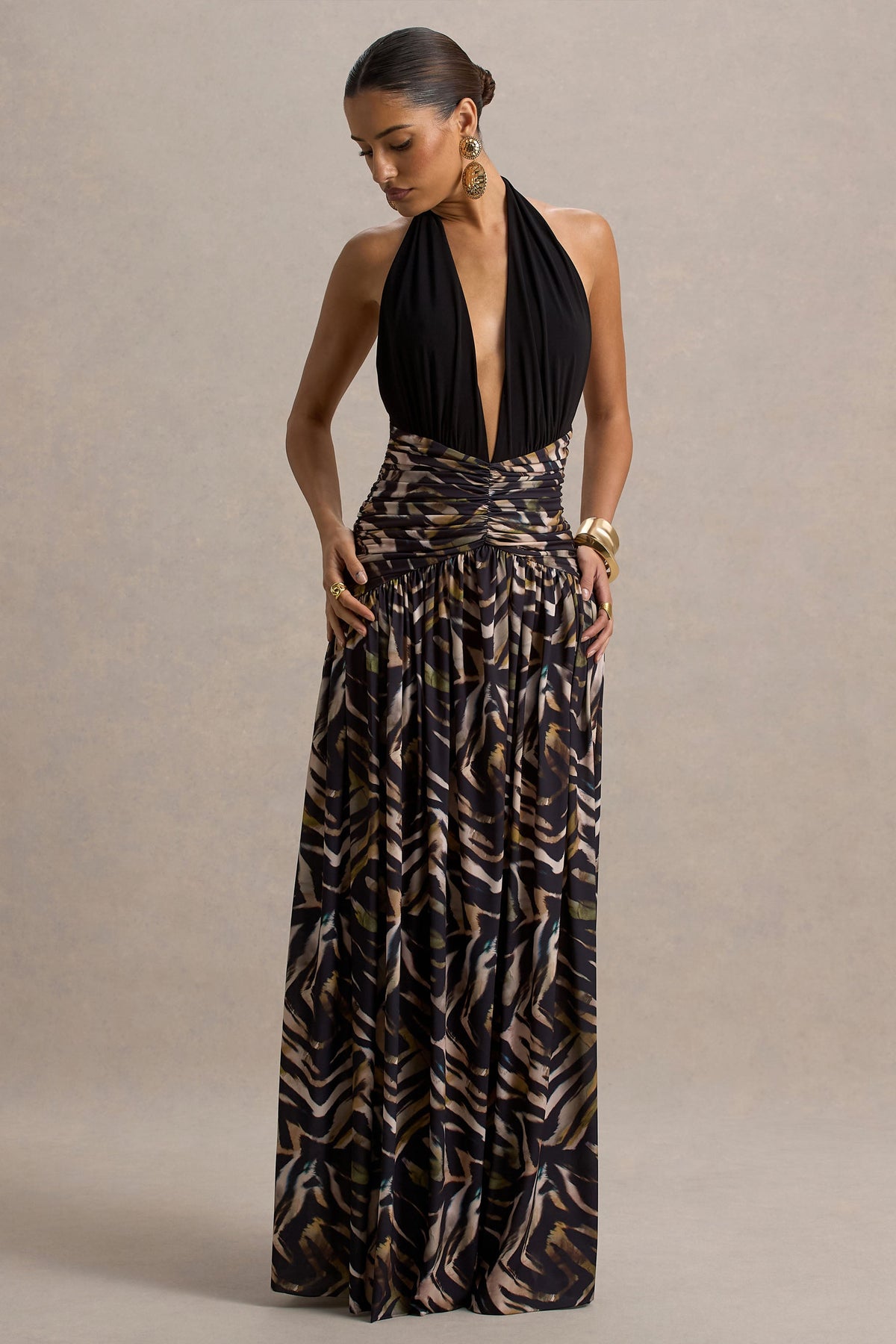 Ferreira | Maxikleid mit Zebramuster und tiefem Ausschnitt