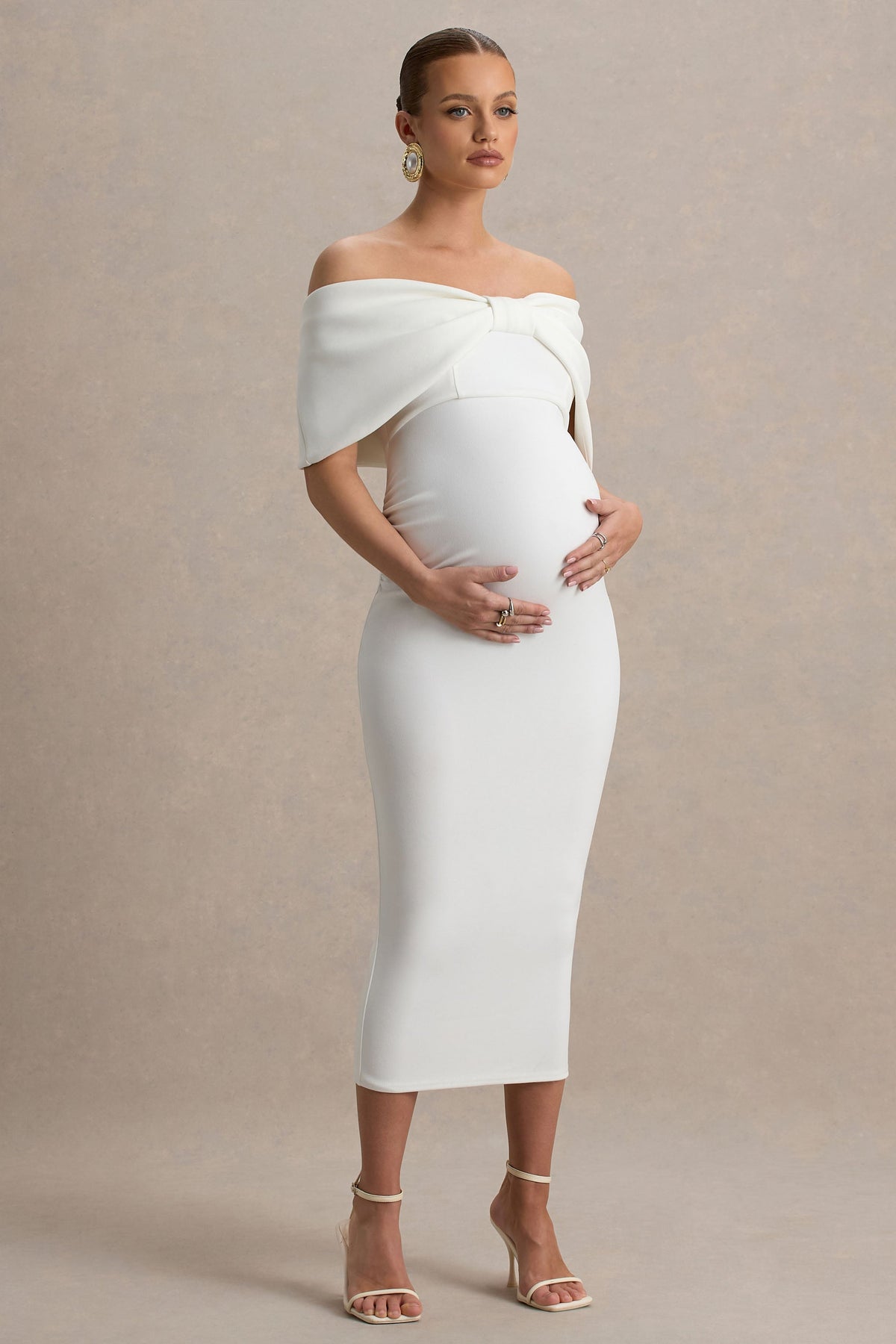 Droplet | Weißes Bardot-Umstands-Midikleid mit Schleife