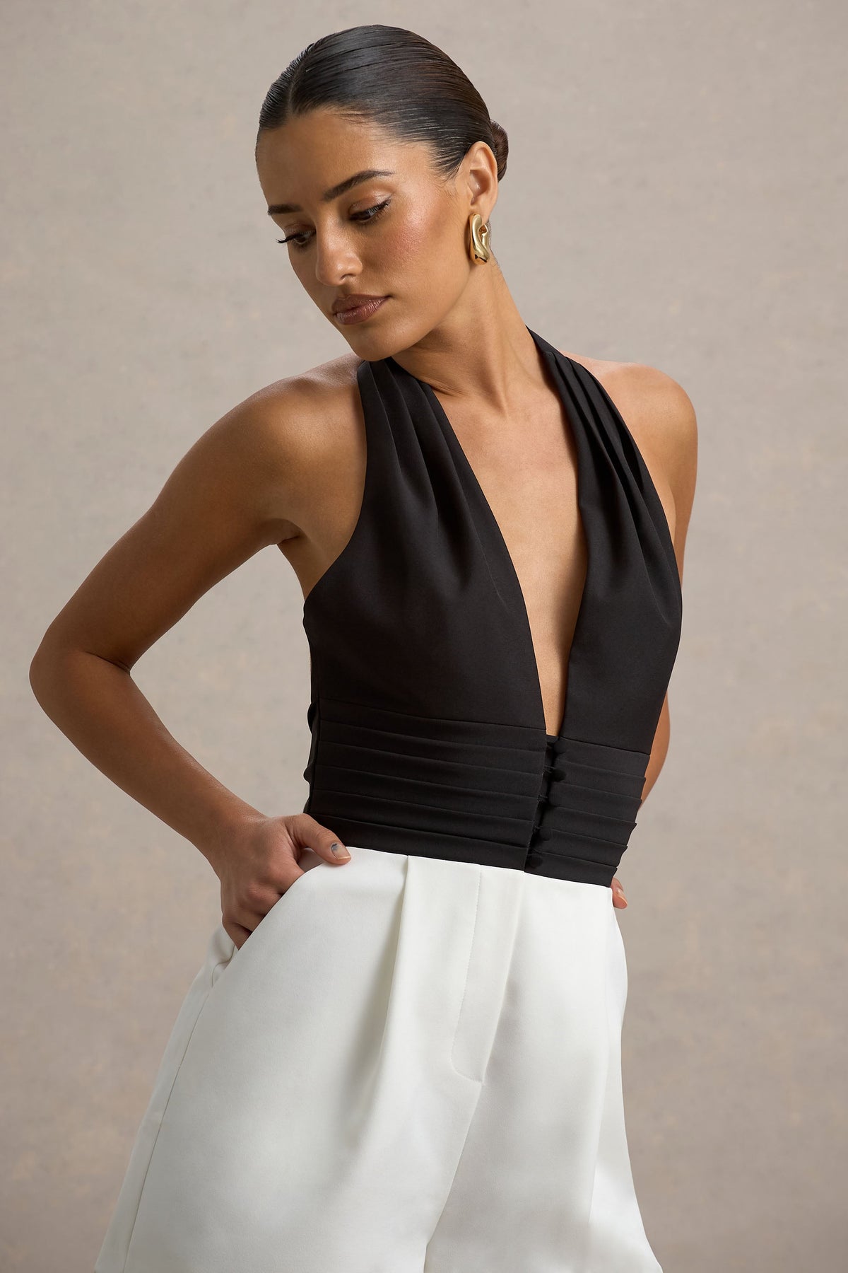 Elea | Schwarzes und Ecrufarbenes Maxikleid mit tiefem V-Ausschnitt