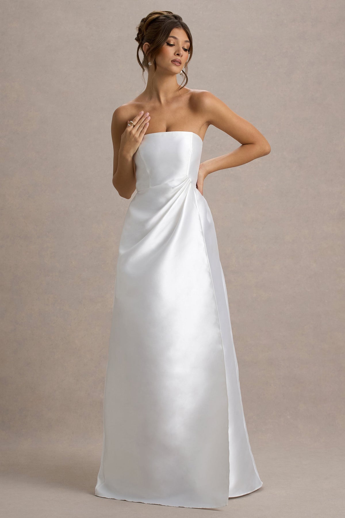 Universe | Weißes Bandeau-Maxikleid mit Schlitz und Puff-Rock