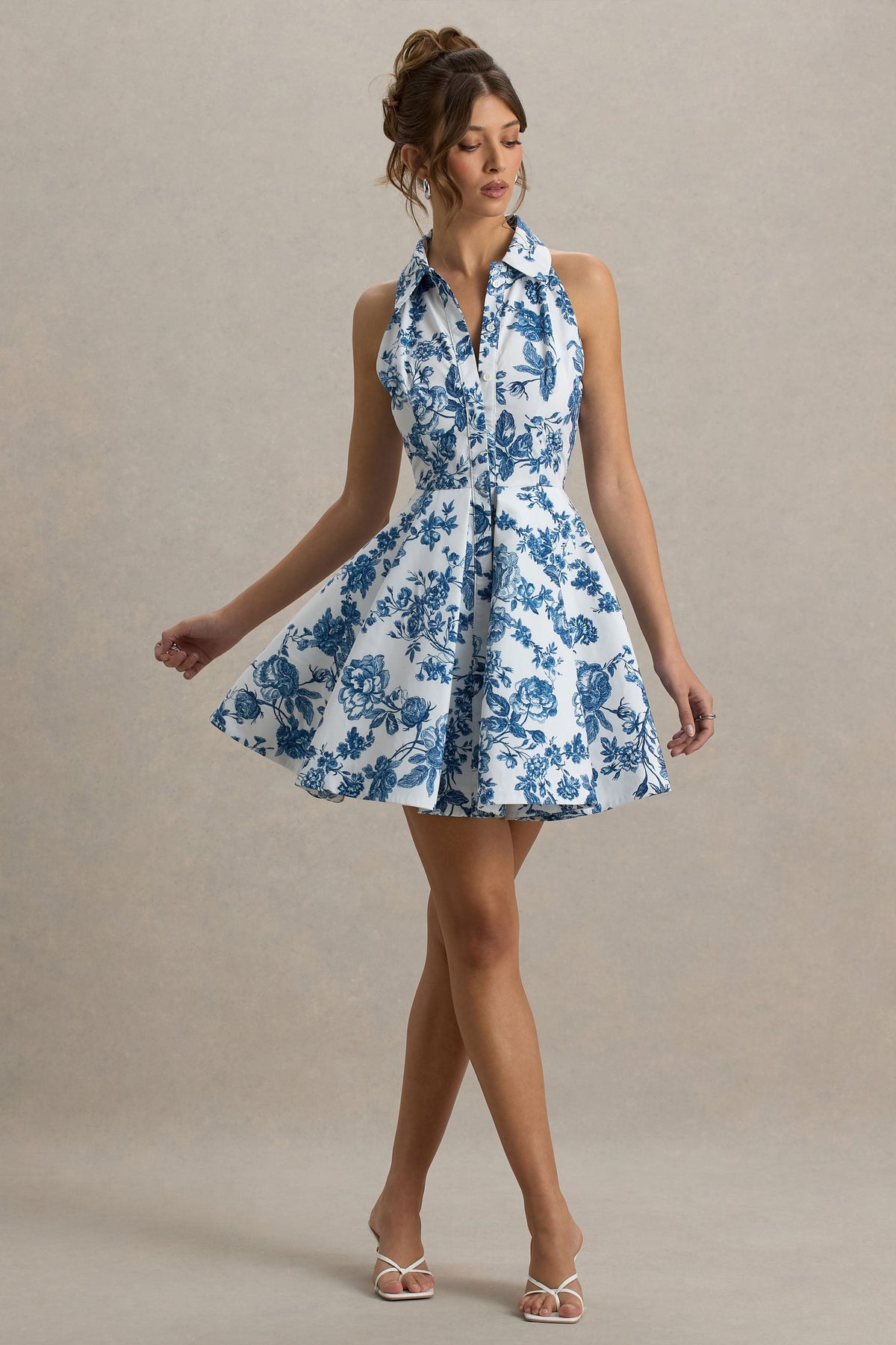 Paulie | Blaues Porzellan-Print-Popelin-Skater-Minikleid