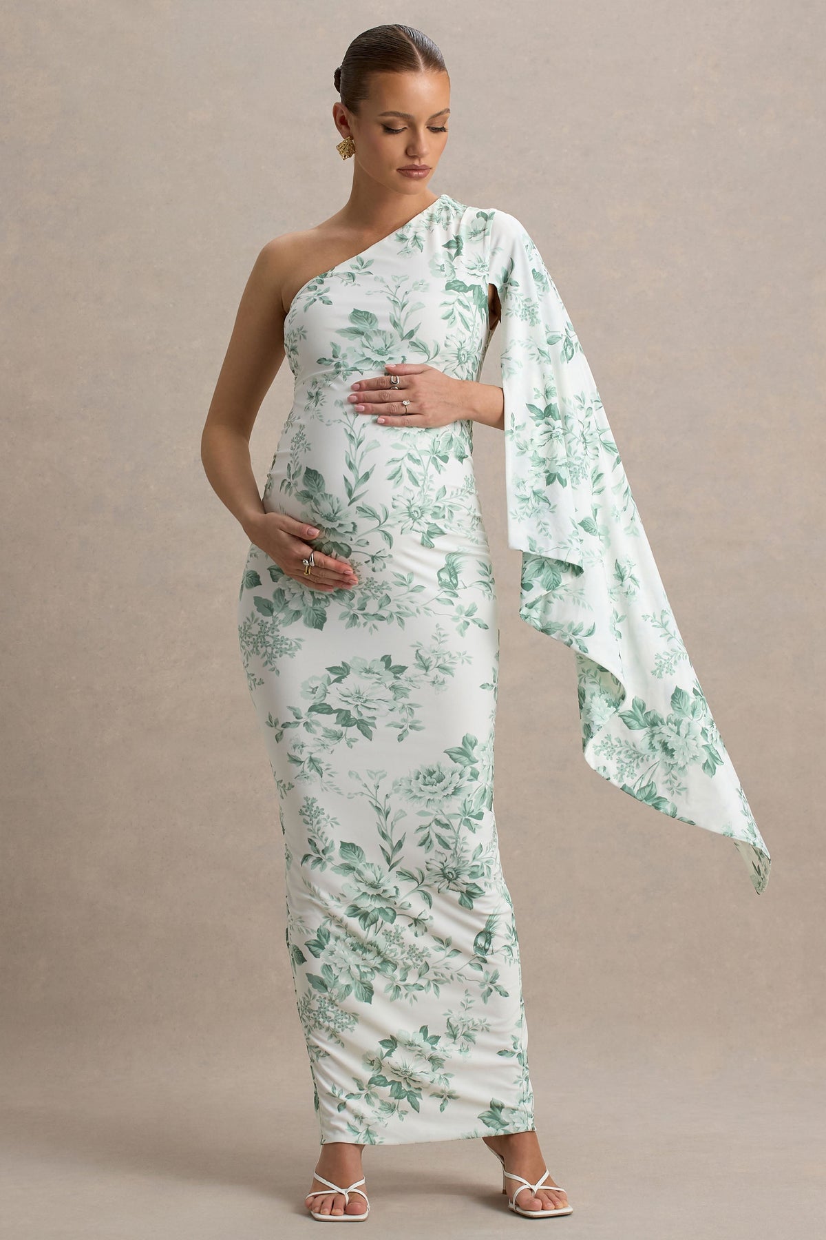 Aliana | Grünes Umstands-Maxikleid mit Rüschen und Porzellanprint