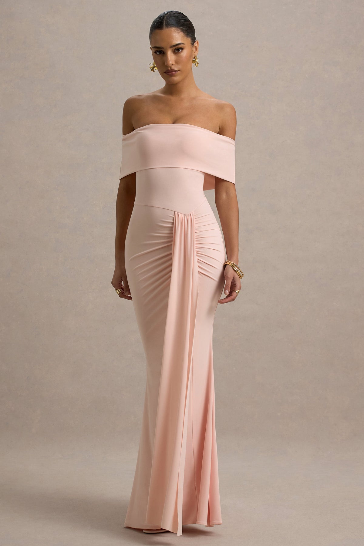 Delma | Rosa Bardot-Maxikleid mit Drapierungsdetails