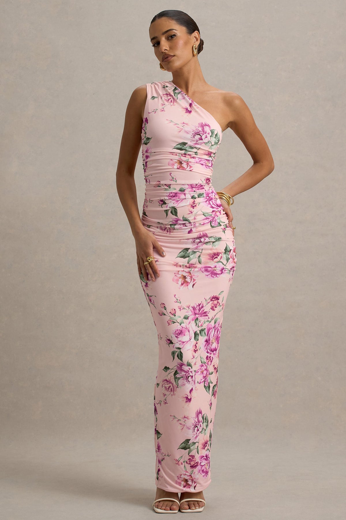 Dalarie | Rosafarbenes Maxikleid mit Blumenmuster und drapiertem One-Shoulder-Design