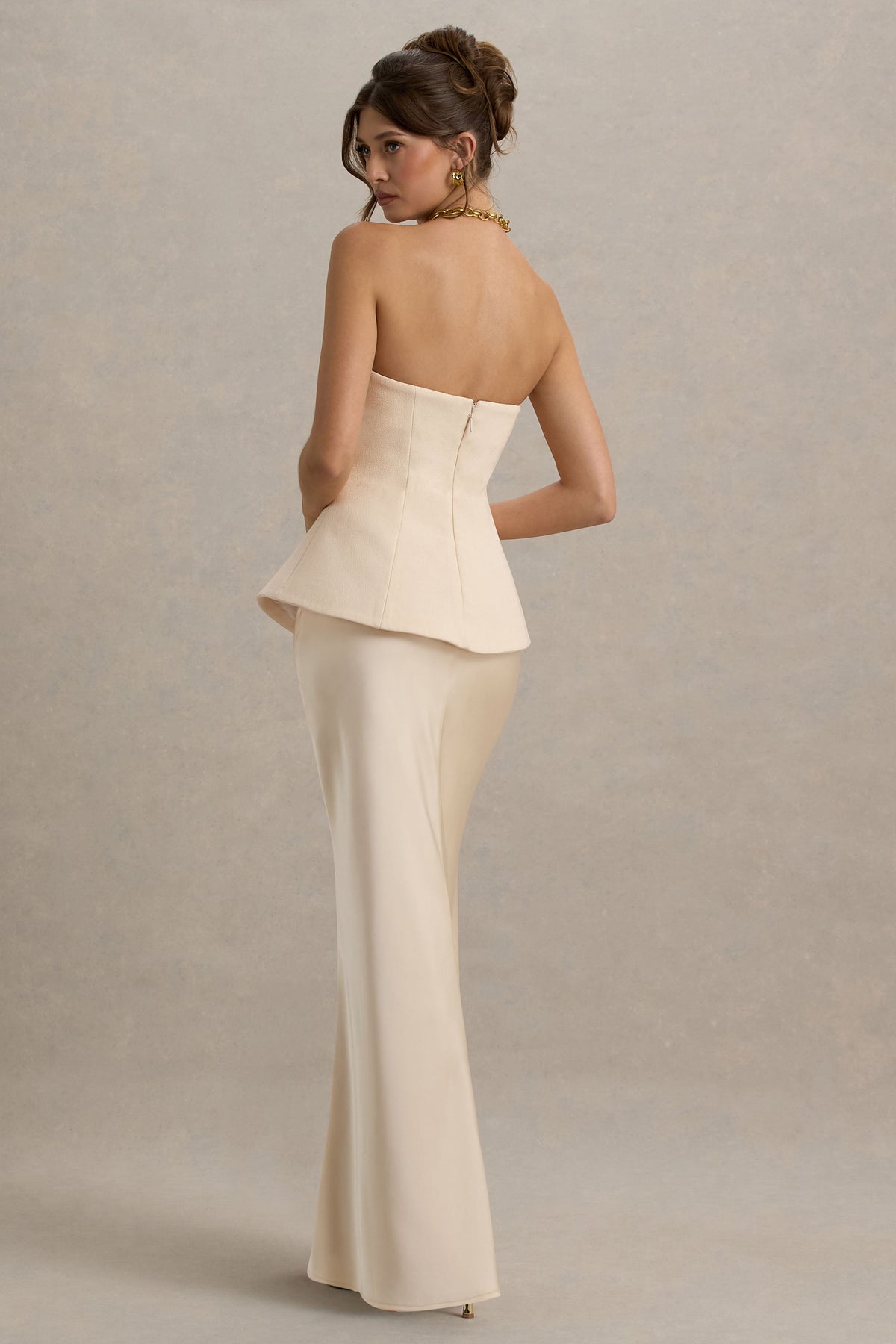 Ohio | Champagnerfarbenes trägerloses Korsett-Maxikleid