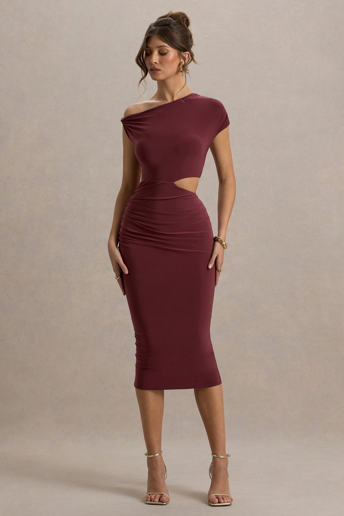Calliope | Burgunderrot Midikleid mit Cut-Outs und Raffungen