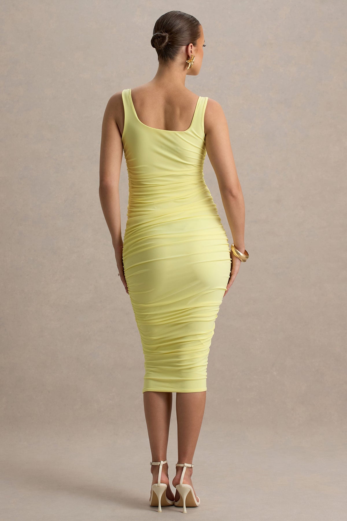 Lisbon | Lemonfarbene Umstandsmidikleid mit eckigem Ausschnitt und Raffung