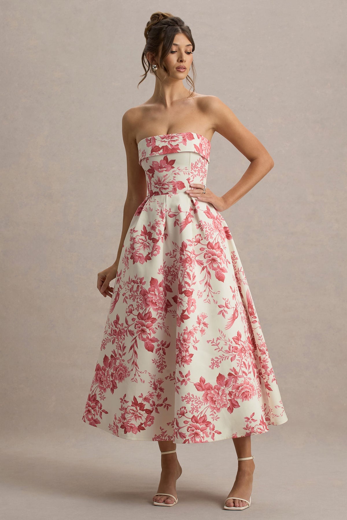Annalise | Rosa Bandeau-Skater-Midikleid mit Porzellanprint