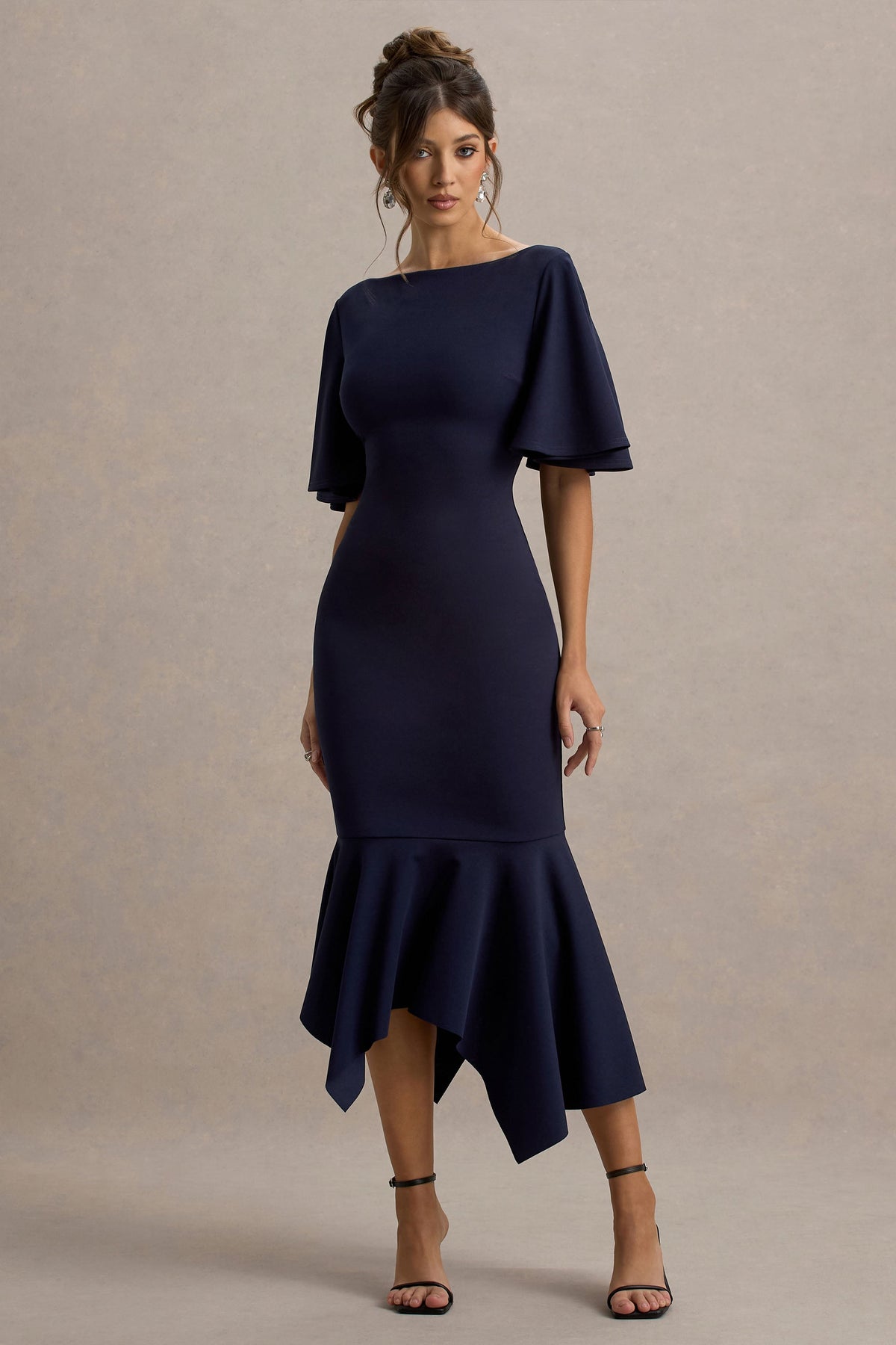 Ashling | Marineblaues Midikleid mit Flatterärmeln und Zipfelsaum