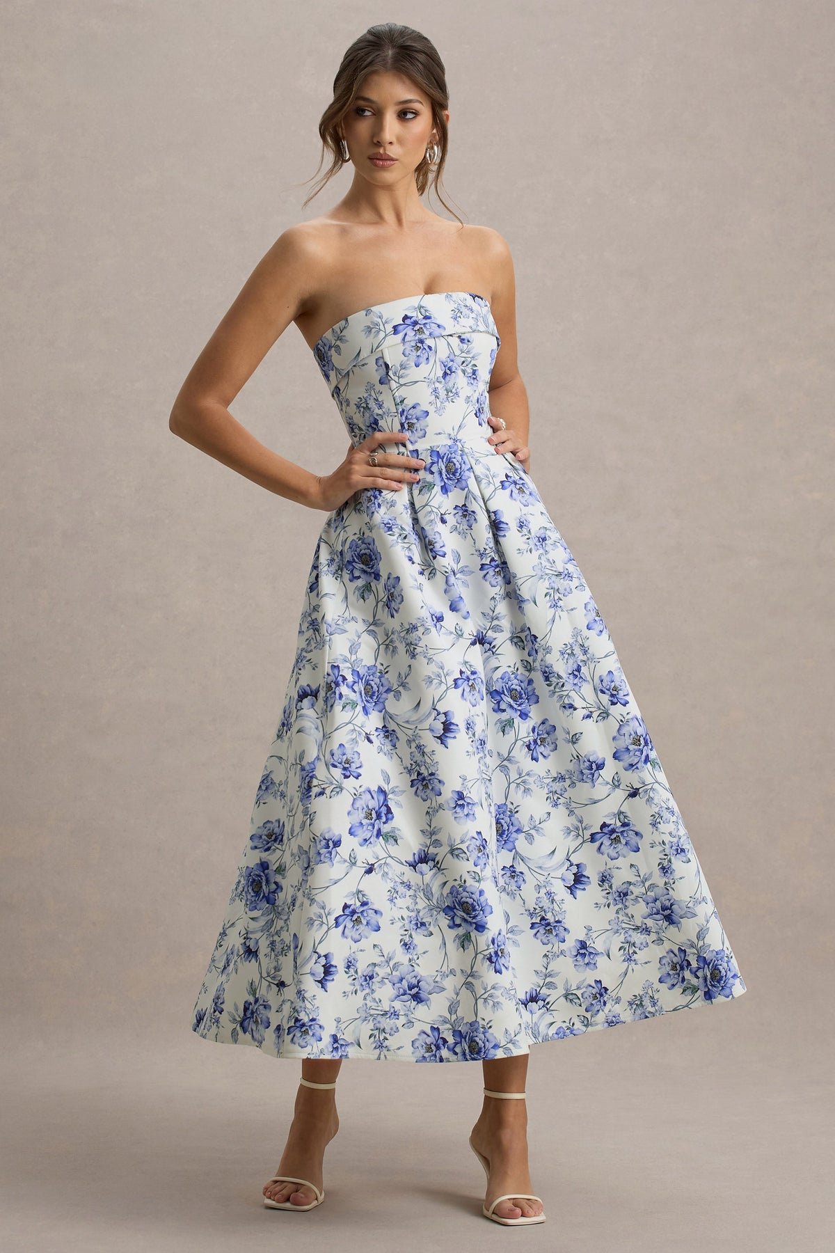 Annalise | Blaues Bandeau-Skater-Midikleid mit Blumenmuster