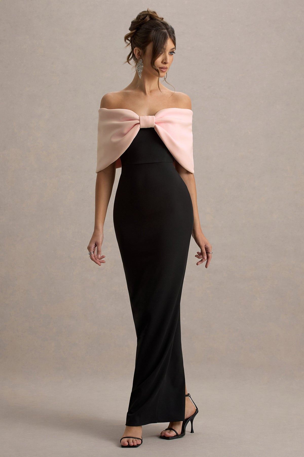 Cornelia | Rosa & Schwarzes Trägerloses Maxikleid mit Großer Schleife