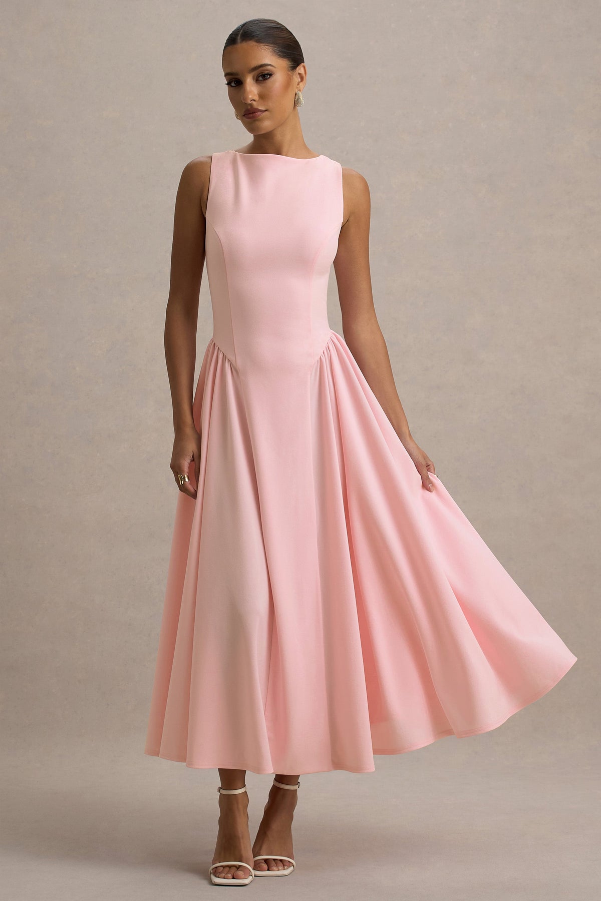 Muriel | Rosa Midi-Kleid mit Bootsausschnitt und voluminösem Saum