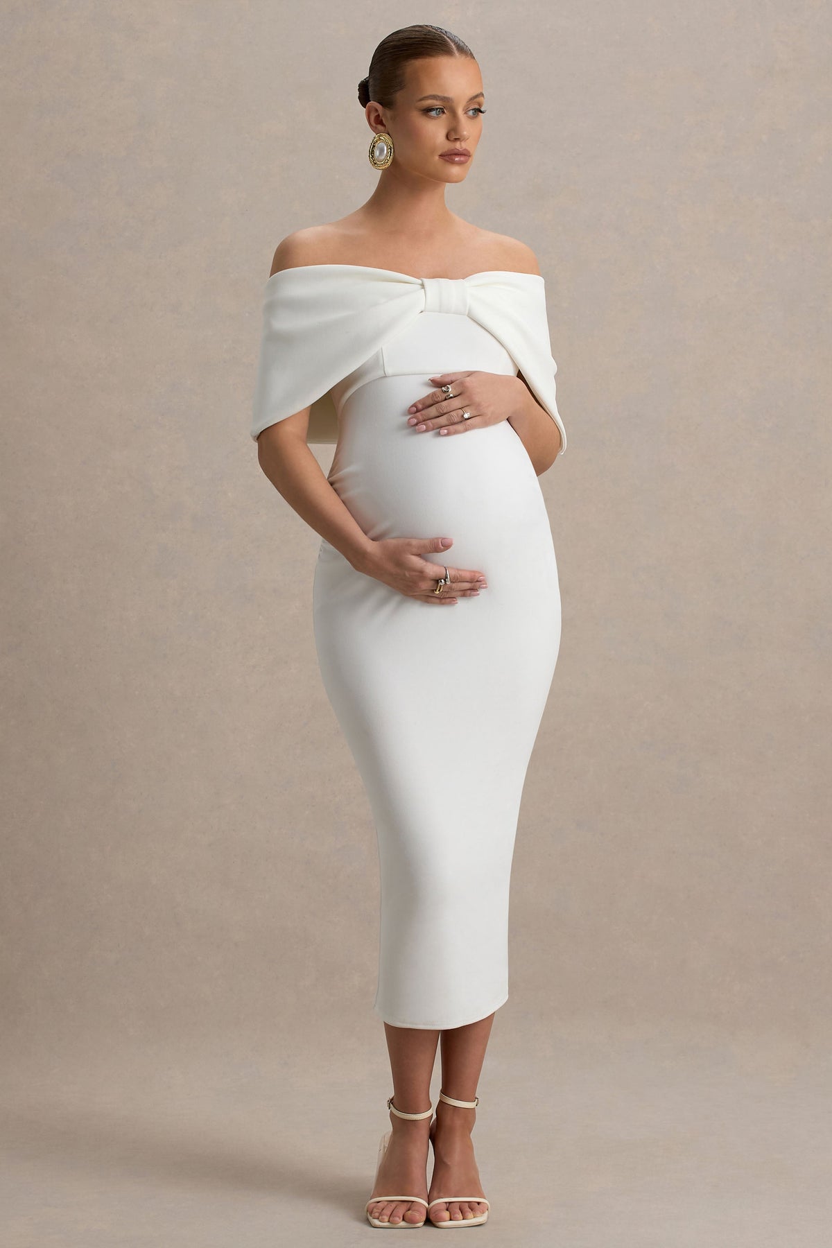 Droplet | Weißes Bardot-Umstands-Midikleid mit Schleife