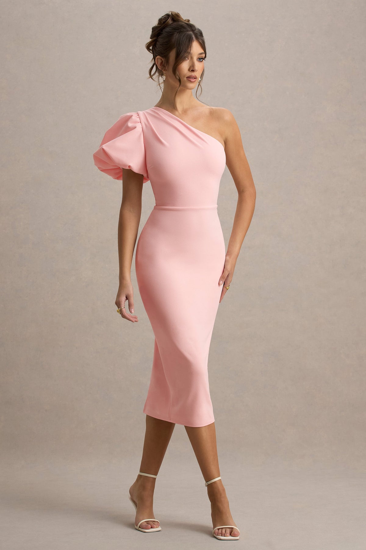 Aimee | Rosa asymmetrisches Midikleid mit Puffärmeln
