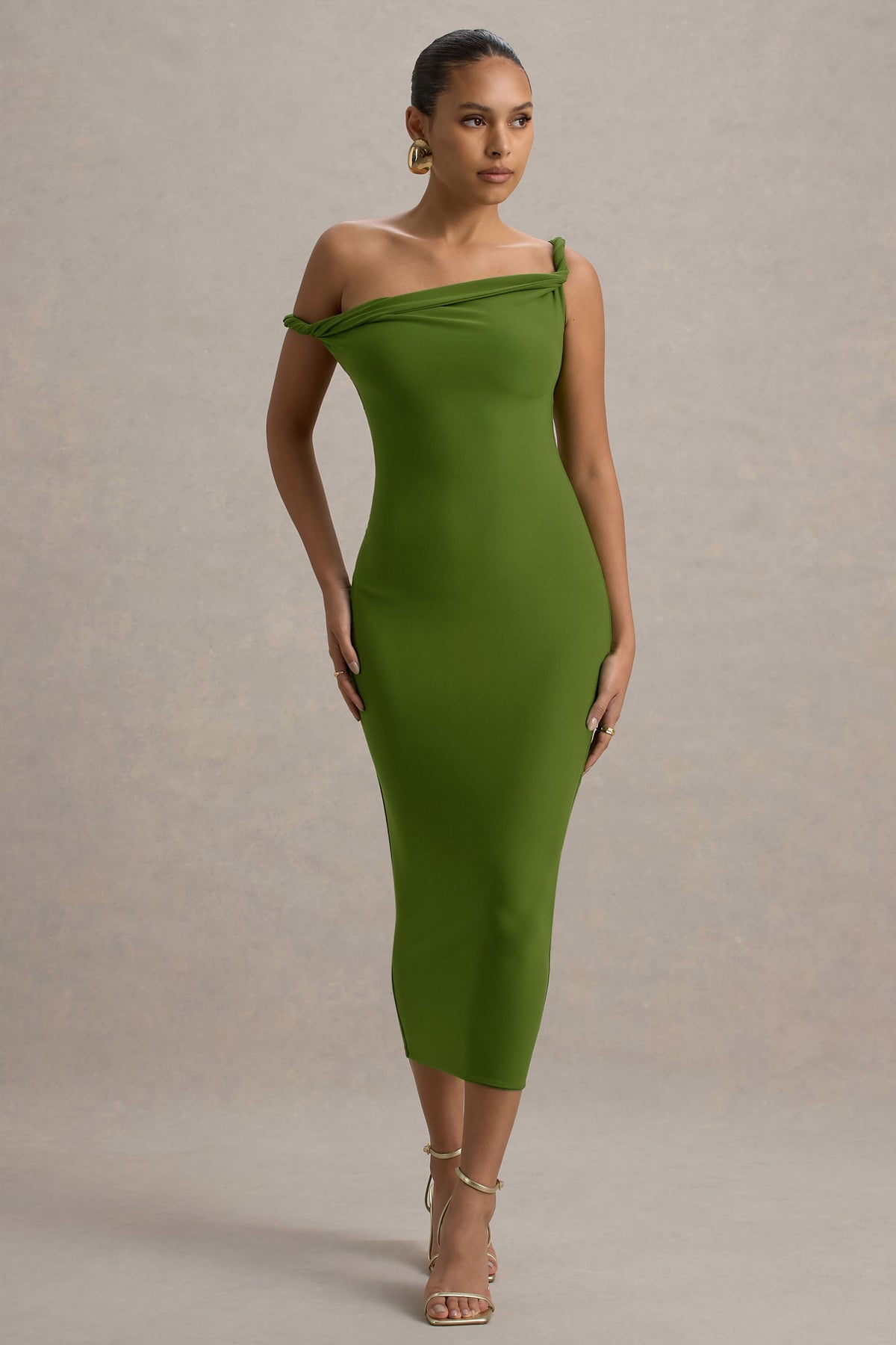 Salome | Grünes Asymmetrisches Midikleid mit verdrehten Details