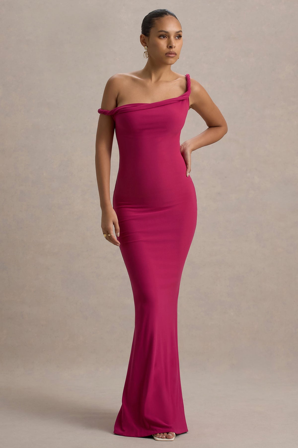 Lita | Hot Pink Asymmetrisches Maxikleid mit verdrehten Details