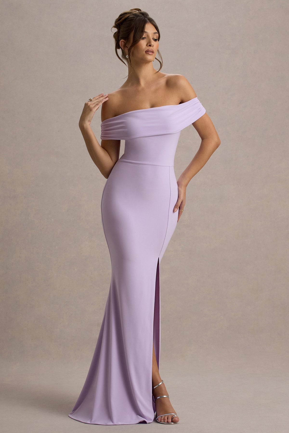 Law of Attraction | Fliederfarbenes Bardot-Maxikleid mit Drapierung und Schlitz