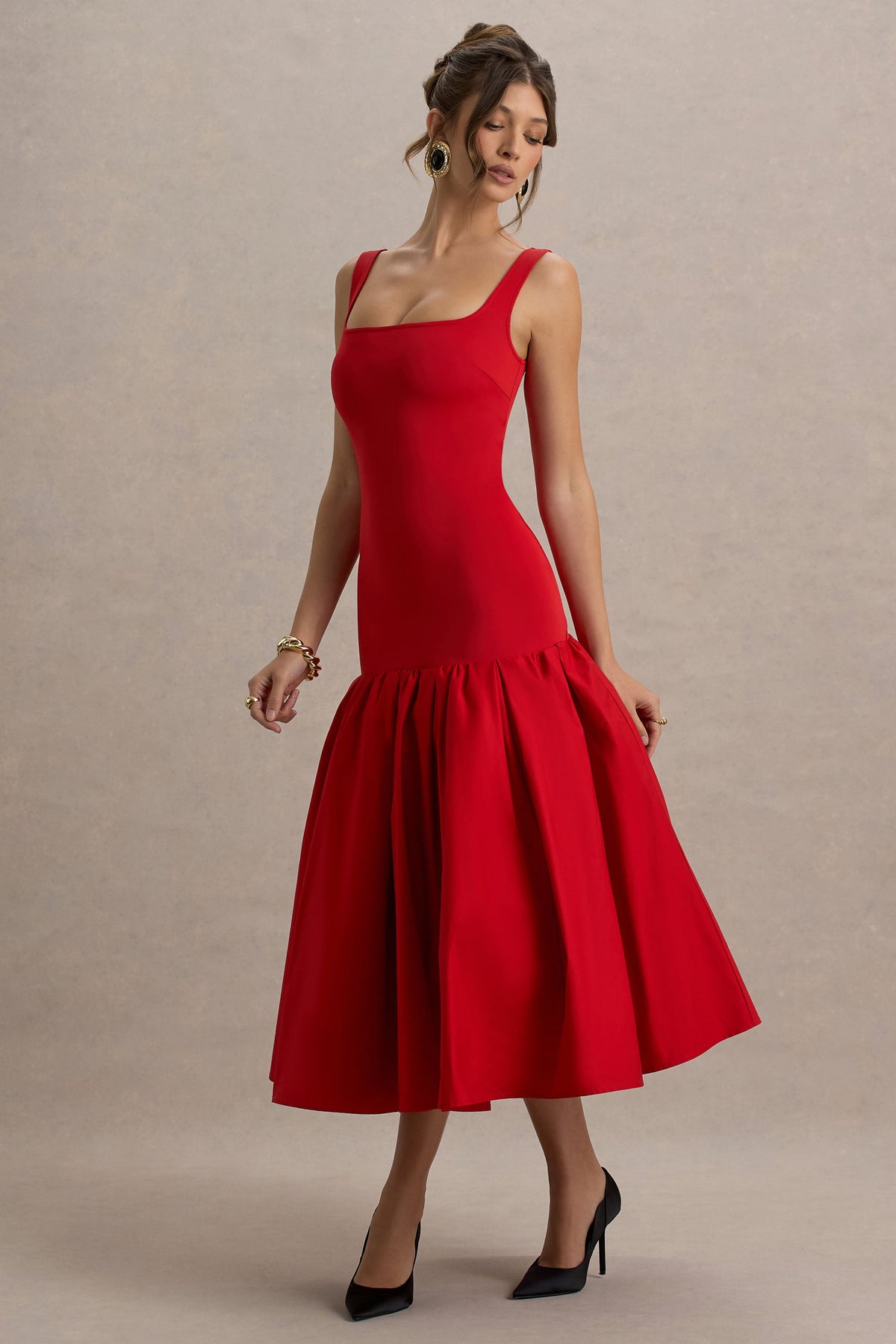 Parida | Rotes Popeline-Midikleid mit tiefer Taille und Schößchensaum