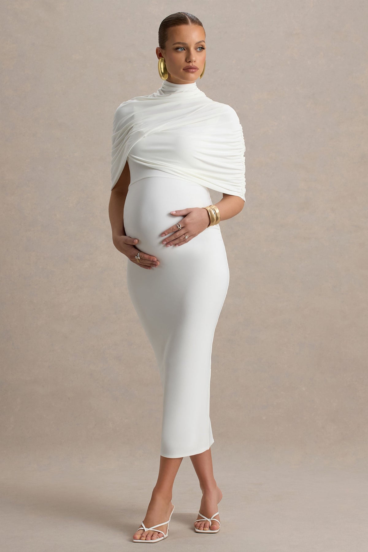 Augustina | Weißes Umstands-Midikleid mit Mesh-Cape