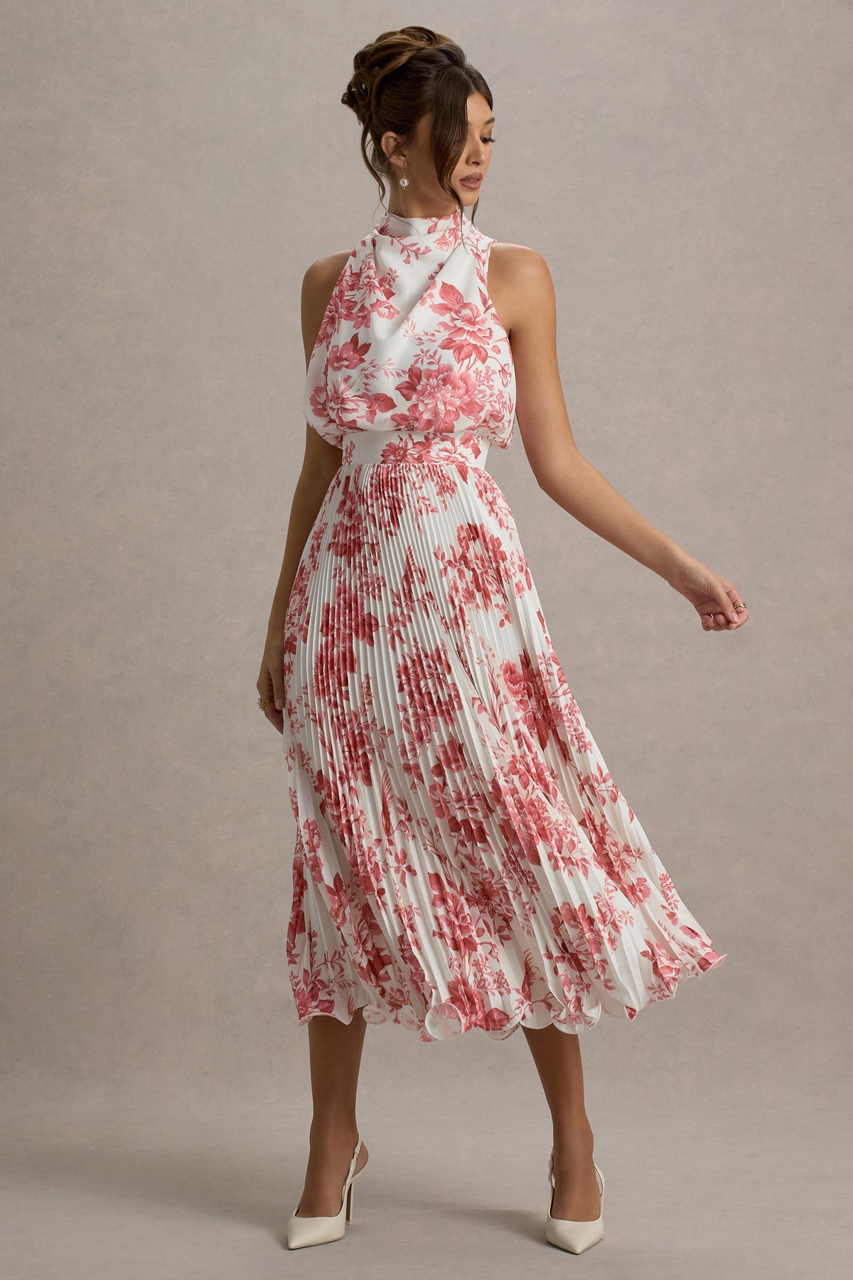 Nila | Rosa Porzellan-Druck Cowl-Neck Midikleid mit Plisseerock.