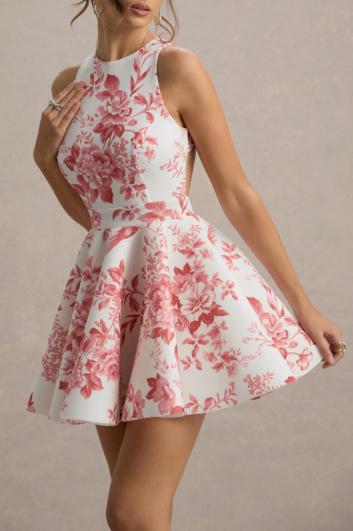 Waverly | Rosa Porzellan-Print Racer-Neck Ärmelloses Skater-Minikleid