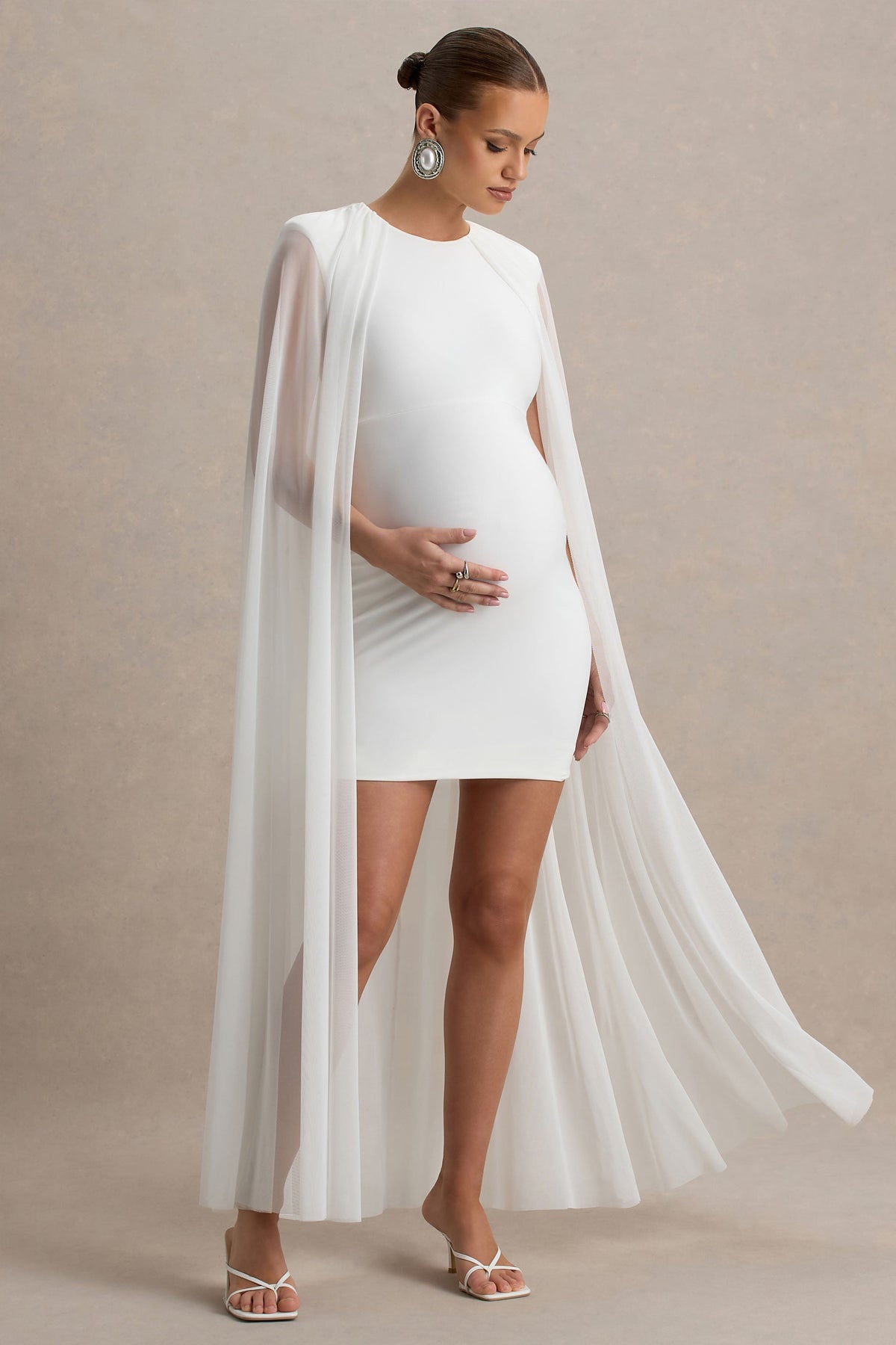 Charlene | Weißes High-Neck-Umstands-Minikleid mit Mesh-Cape