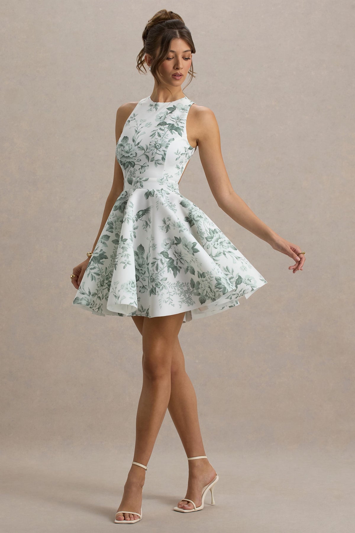 Waverly | Grünes Racer-Neck-Minikleid mit Porzellan-Print