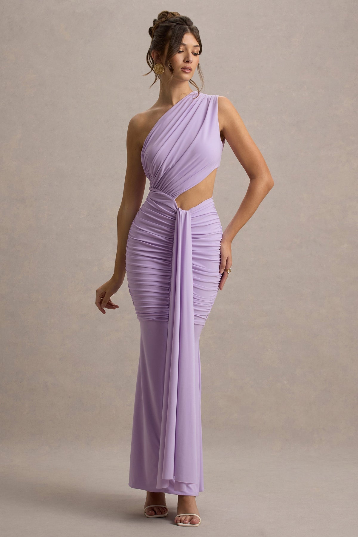 Beline | Lavendelfarbenes Ein-Schulter-Maxikleid mit Cut-Out und Drapierung