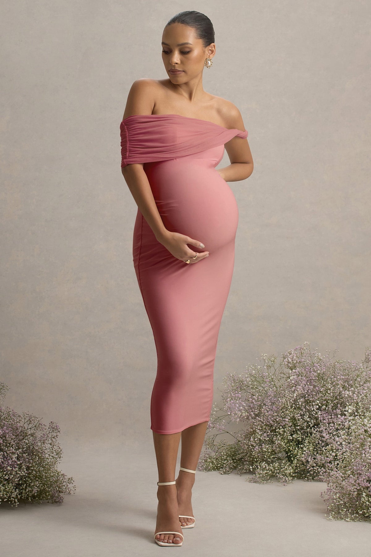 Jen | Pinkes Bardot-Umstandsmidikleid mit Twist-Detail