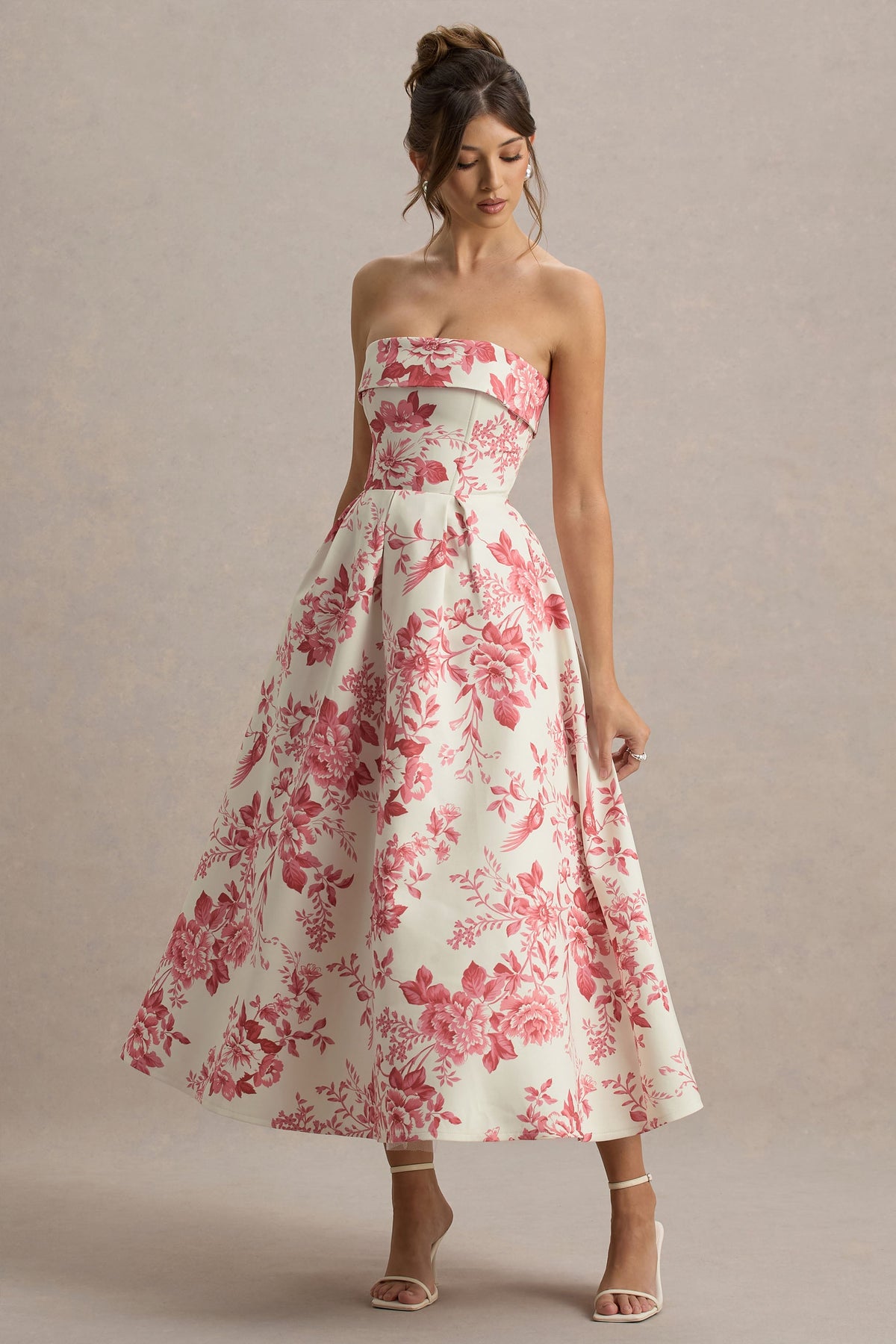 Annalise | Rosa Bandeau-Skater-Midikleid mit Porzellanprint