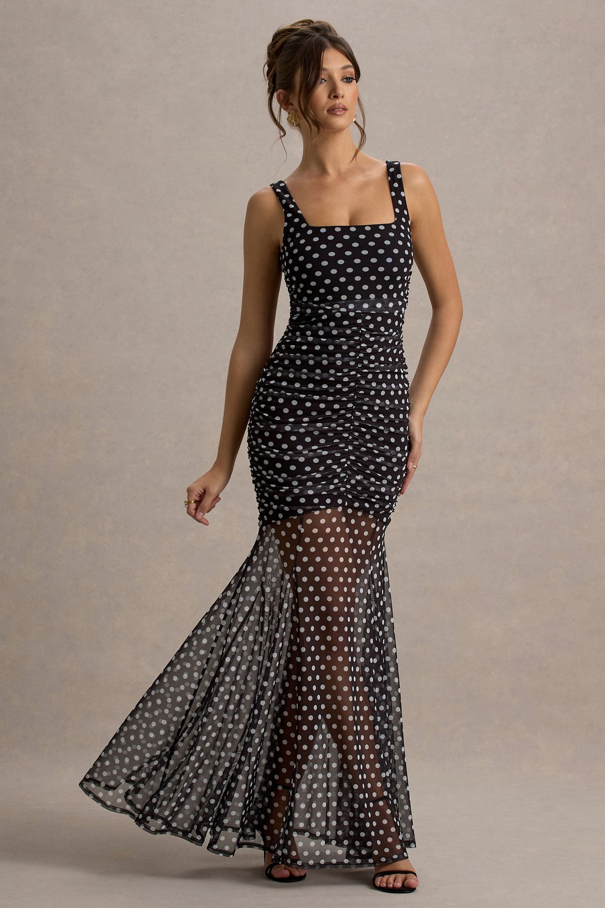 Galaxia | Schwarz-weißes Maxikleid mit Polka-Dots und Netzrock