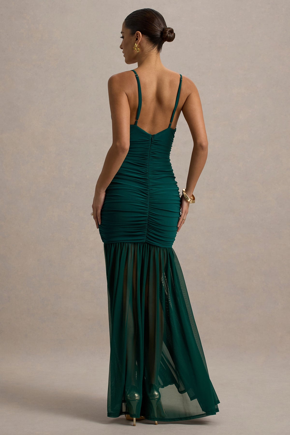 Pasqualina | Maxikleid in Flaschengrün mit Raffung und tiefem V-Ausschnitt