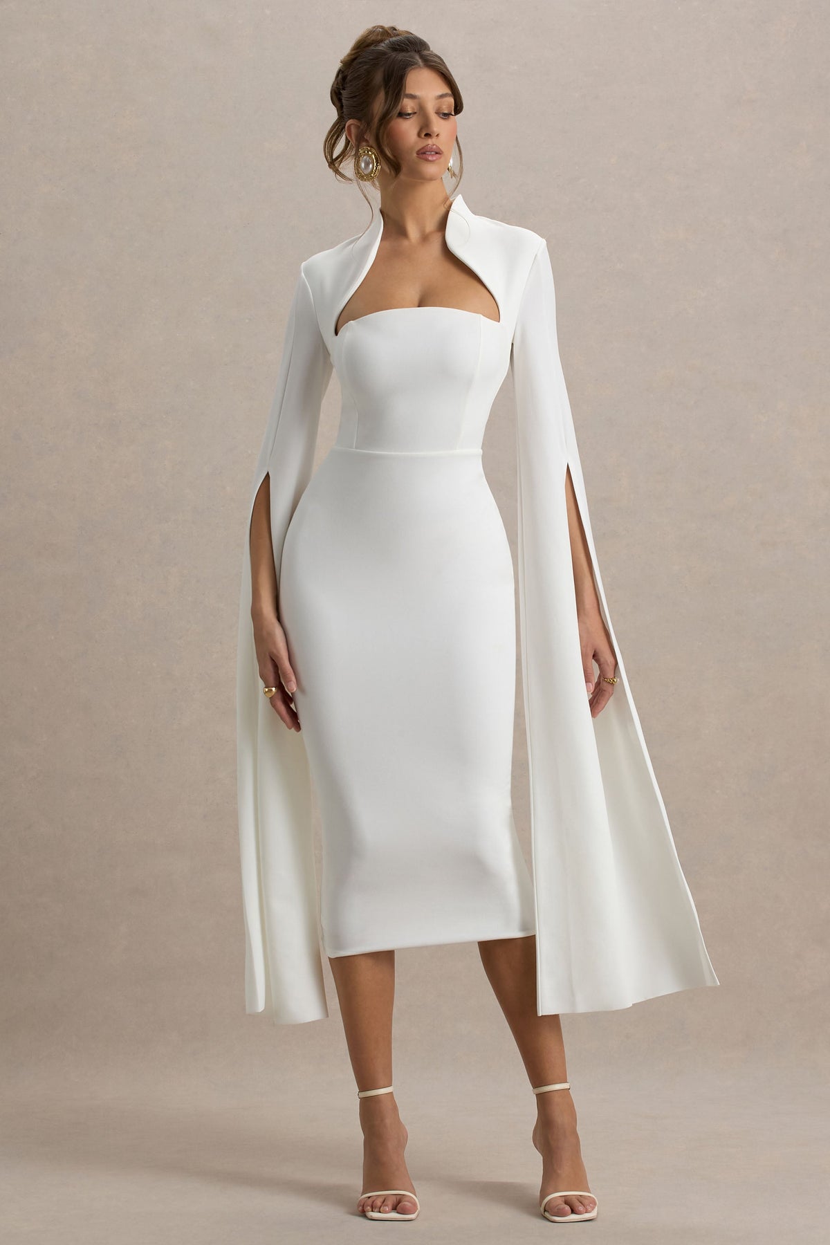 Linden | Weißes Bodycon-Midikleid mit Cape-Ärmeln