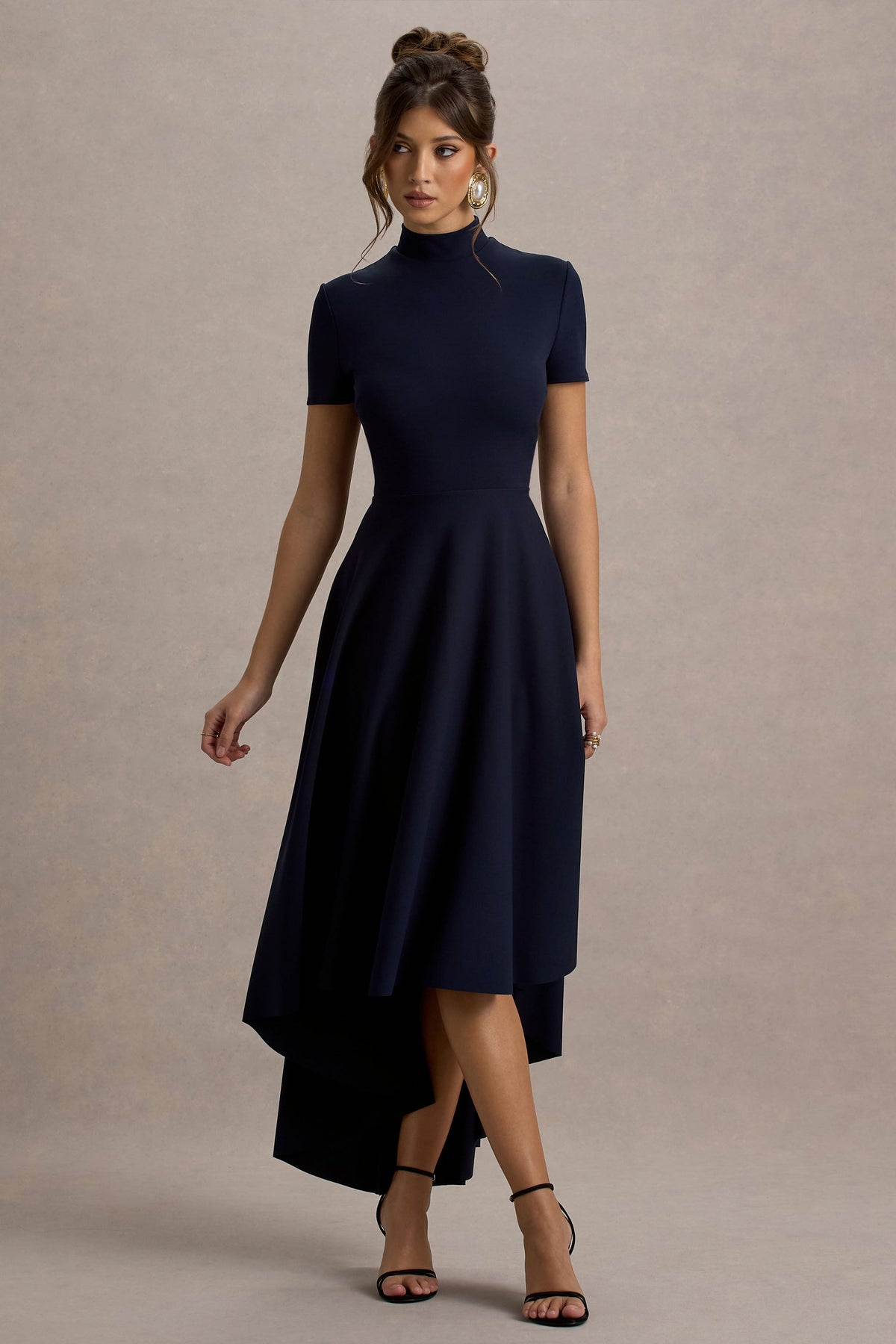 Bellona | Marineblaues Hochgeschlossenes High-Low-Midikleid