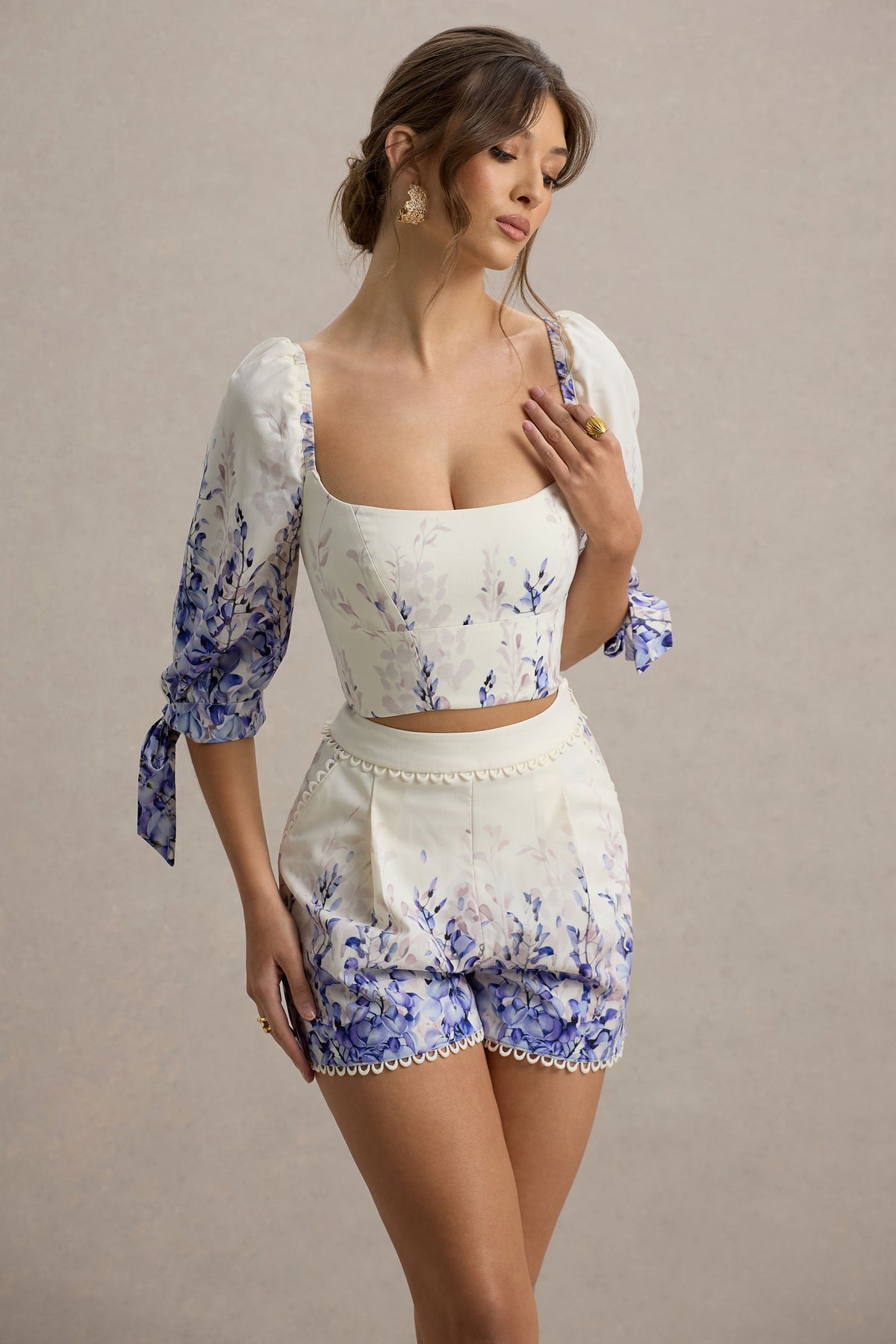 Bibi | Wisteria-Print-Leinenoberteil mit Puffärmeln